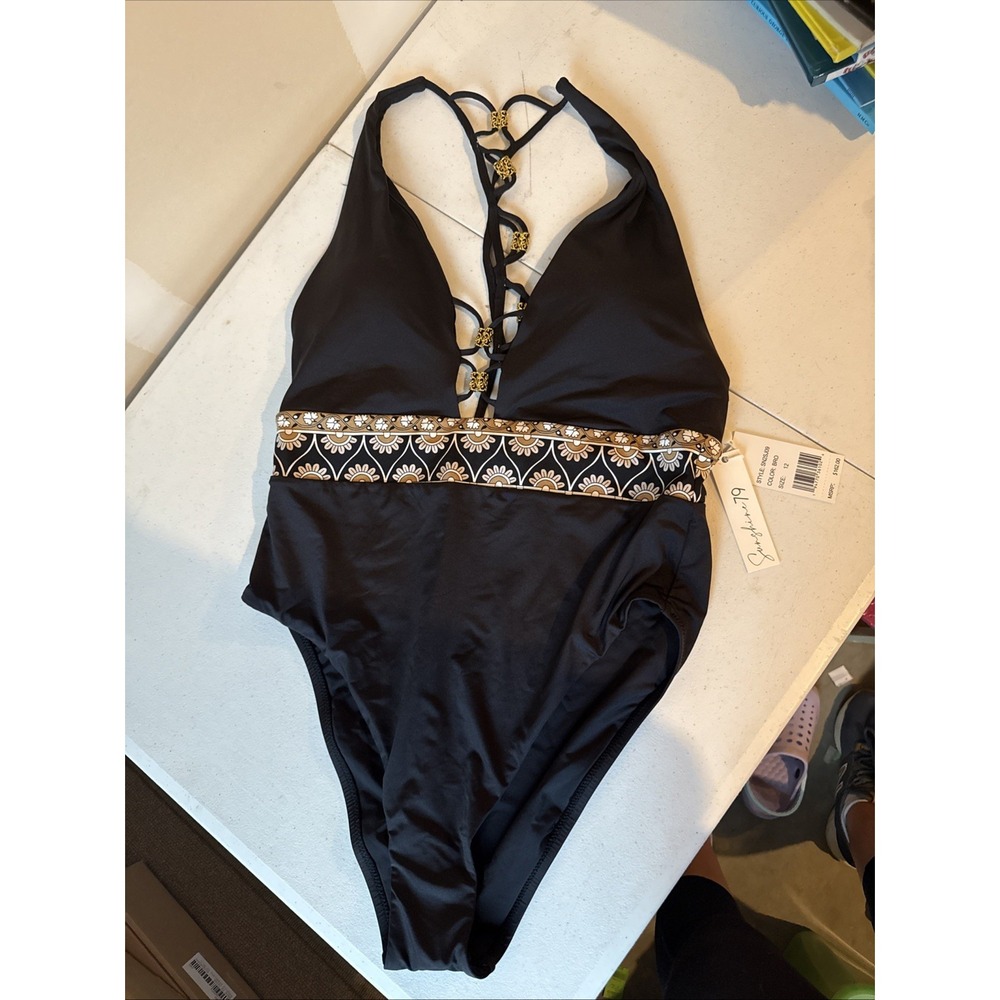 New Sunshine 79 Bikini Swimsuit Size 12 Womens Black One Piece Boho Pattern
